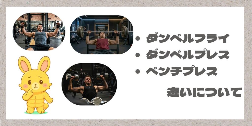 ダンベルフライ・ダンベルプレス・ベンチプレスの写真とマッチョうさぎと文字